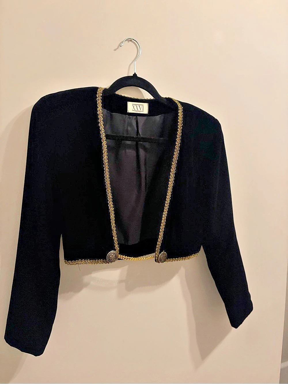 Michele Violet Black Gold Trim Cropped Blazer Size 8 Like New